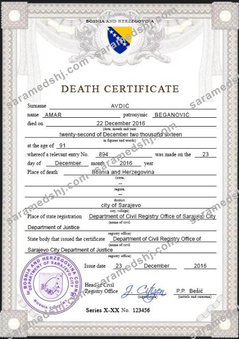 Bosnia and Herzegovina vital record death certificate PSD template